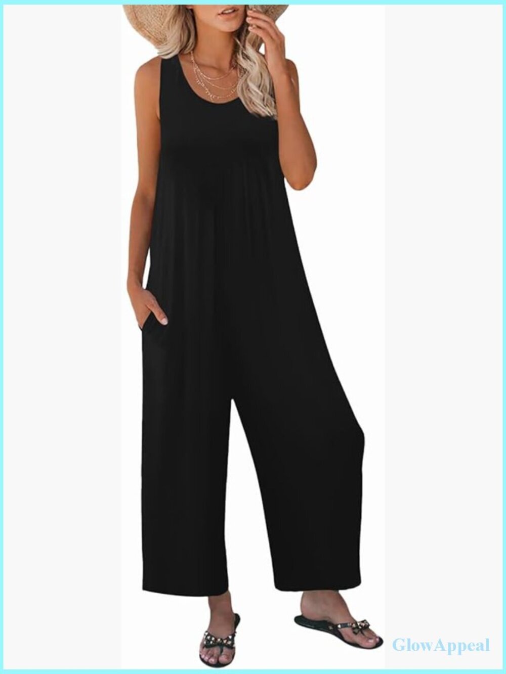Sleeveless Crewneck Loose Tank Jumpsuit with Pockets